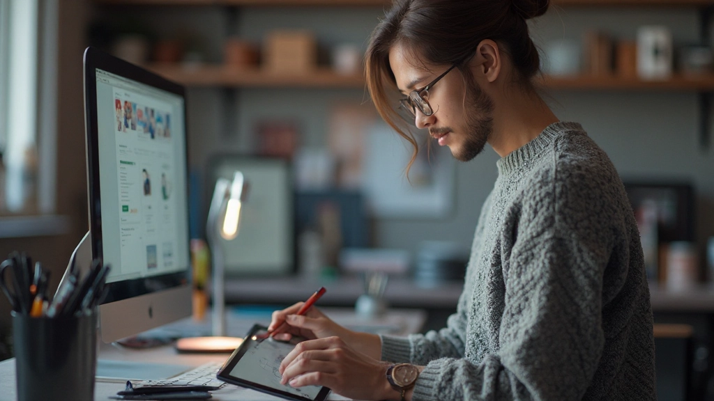 Designer working on user interface sketches with digital tools and color palette visible on desk