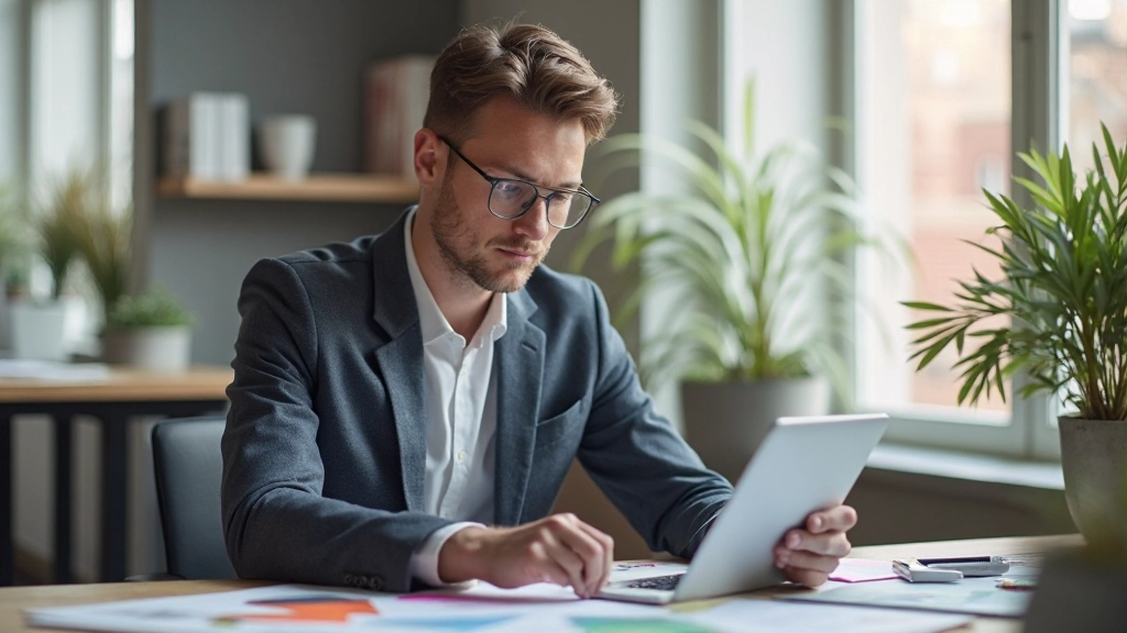 Designer workspace showing color swatches, digital tablet, and design references on a clean desk
