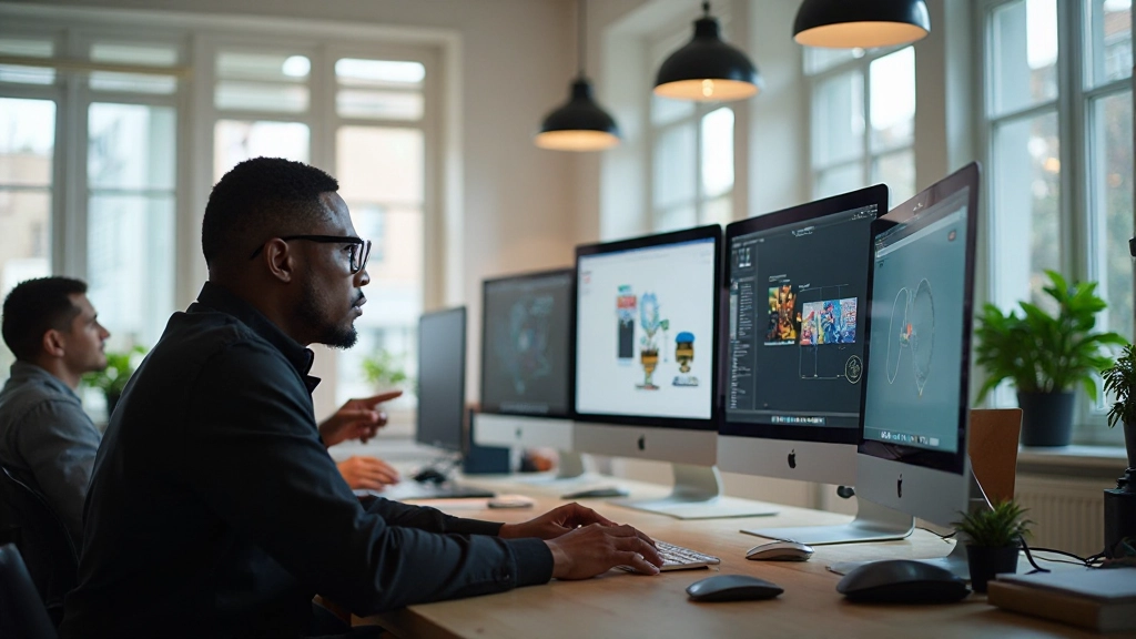 Professional web design workspace with designers collaborating on digital projects