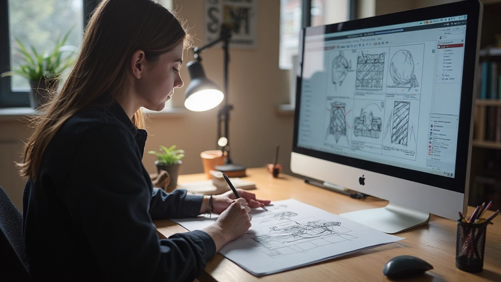 Web design student working on wireframe sketch at desk