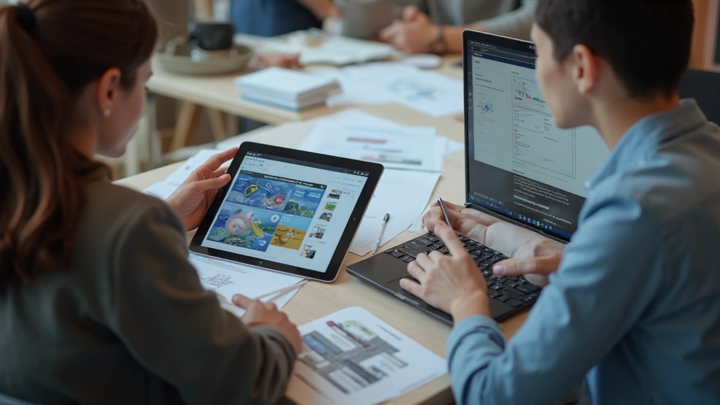 Designer reviewing UI mockups on tablet during collaborative session