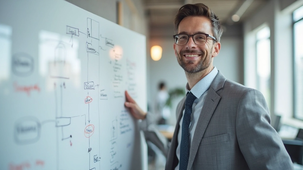 Information architecture diagram showing hierarchy and user flows mapped on whiteboard