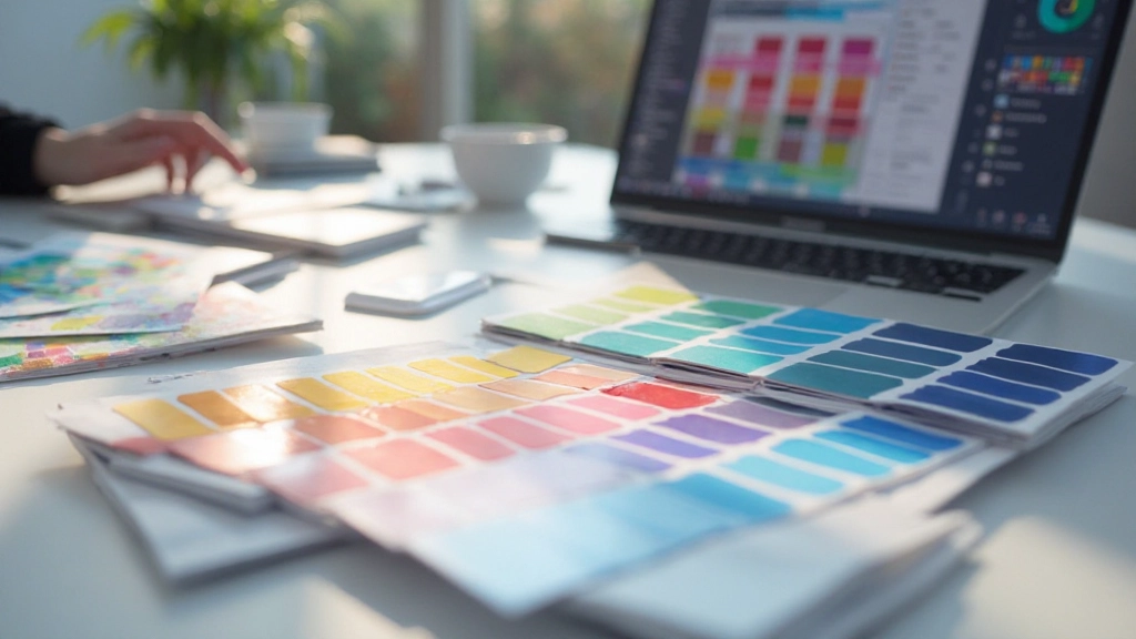 Color palette display with various shades and hex codes for web design