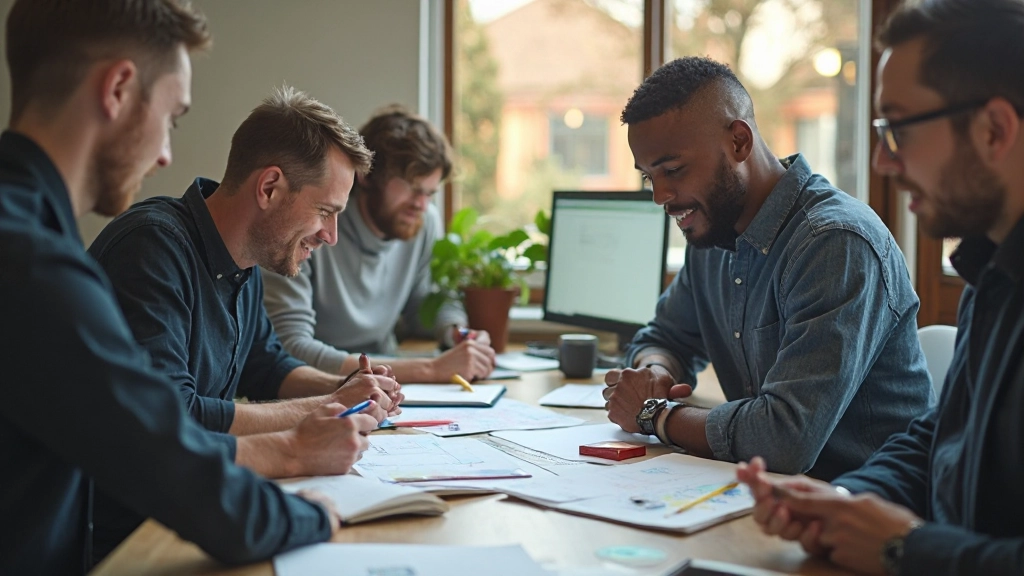 Design team collaborating on a web project with design tools and notebooks on desk