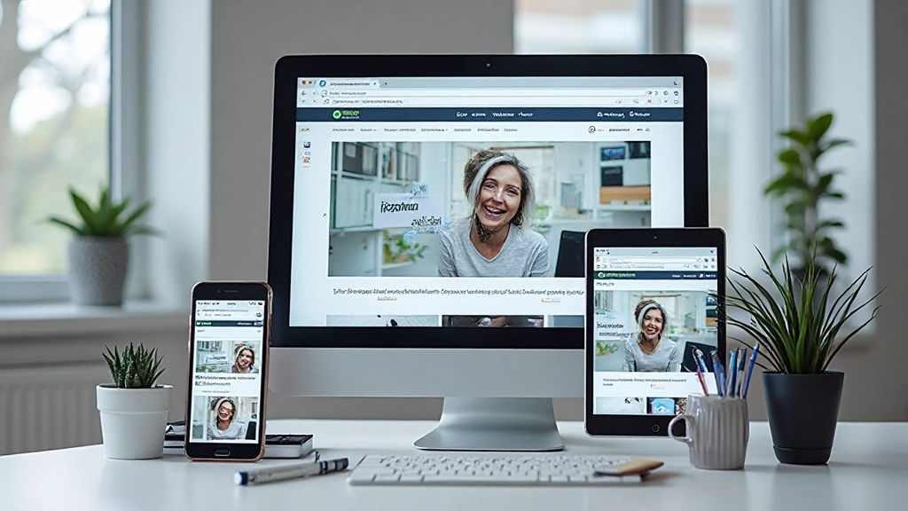 Responsive design mockups showing the same website on phone, tablet, and desktop screens