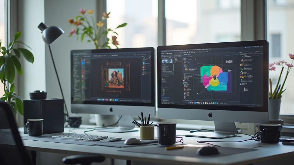 Web design workspace with multiple monitors and design tools