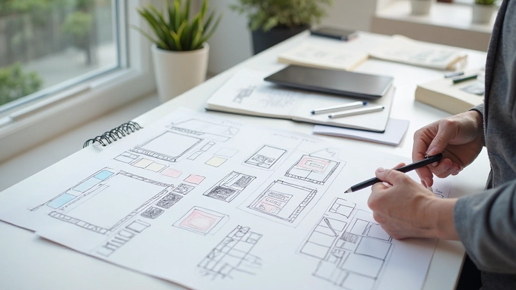 Wireframe sketches and design mockups spread across a workspace with pen and tablet